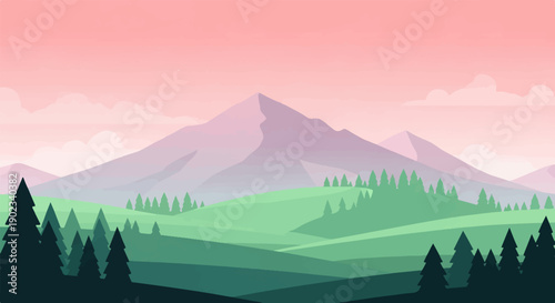 Misty mountain landscape with rolling green hills and dark trees