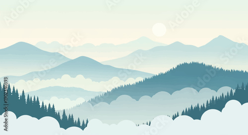 Misty mountain range with pine forests under a soft sun