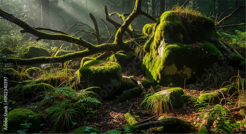 Misty forest floor with moss-covered rocks and fallen branches illuminated by sunbeams