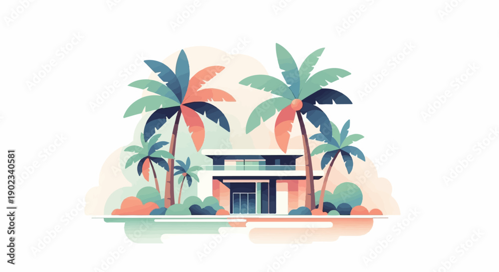 Fototapeta premium Modern beach house surrounded by palm trees under a soft sky