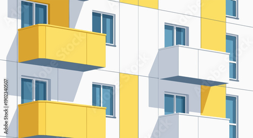 Modern apartment building facade with yellow balconies and blue windows