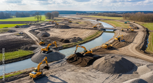 Multiple excavators and construction vehicles work on a large riverbed transformation