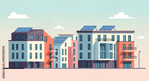 Modern apartment buildings with solar panels on roofs under a sky