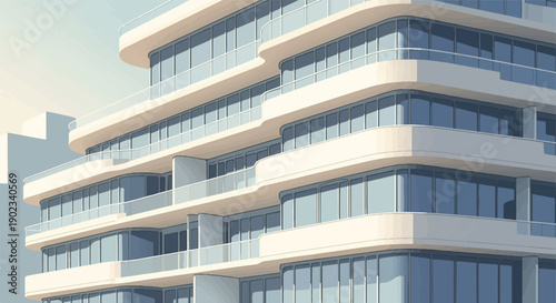 Modern beige building with curved balconies and glass windows