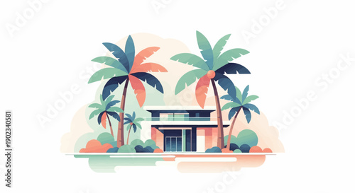 Modern beach house surrounded by palm trees under a soft sky