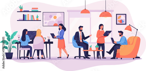 Office workers collaborate and use technology in a modern, stylish workspace