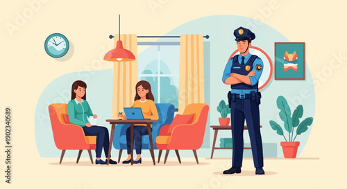 Officer observes two women working and relaxing in a modern room