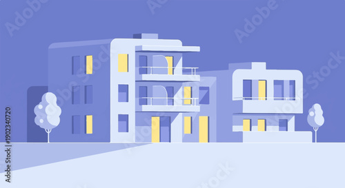 Modern geometric buildings with glowing windows under a twilight sky