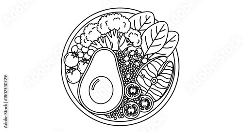 Line art illustration of a healthy bowl with avocado vegetables and grains
