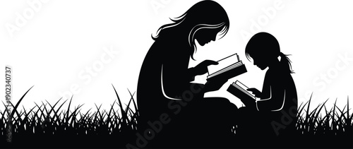 reading, silhouette, black, white, icon, illustration, vector, design, symbol, adult, child, books, learning, education, bonding, storytelling, family, lifestyle, knowledge, grass, nurture