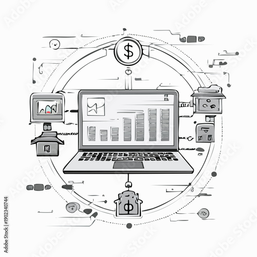Financial data analysis on laptop with various charts and graphs.