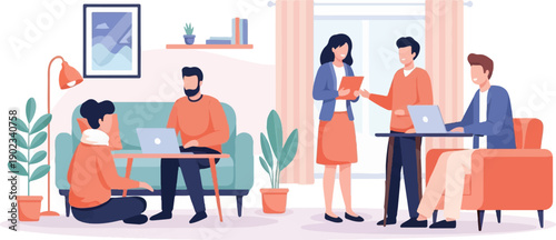 Modern home office scene with people working on laptops and interacting