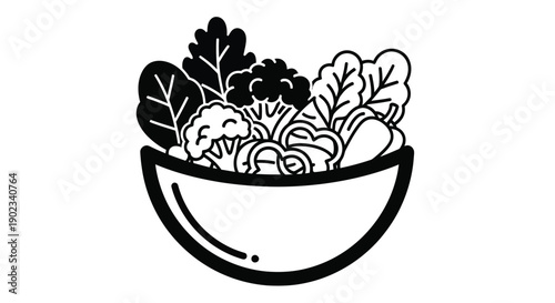 Line drawing of a bowl filled with various leafy green vegetables