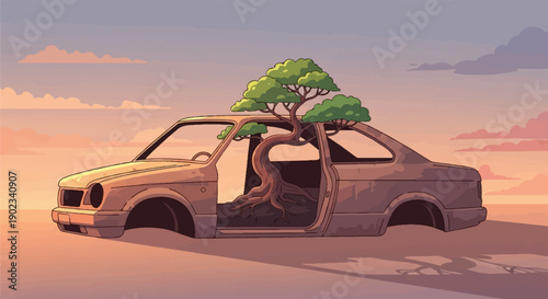 Old car skeleton in barren landscape with tree growing through it at sunset
