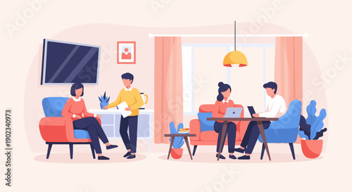 Modern living room scene with people working and relaxing