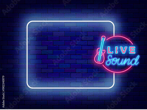 Live music neon flyer. Empty white frame with guitar. Shiny banner for event performance. Dance night concert. Copy space. Editable stroke. Vector stock illustration