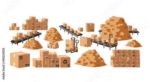 Busy Logistics Warehouse Scene with Cardboard Boxes Conveyor Belts and a Forklift for Supply Chain Management.