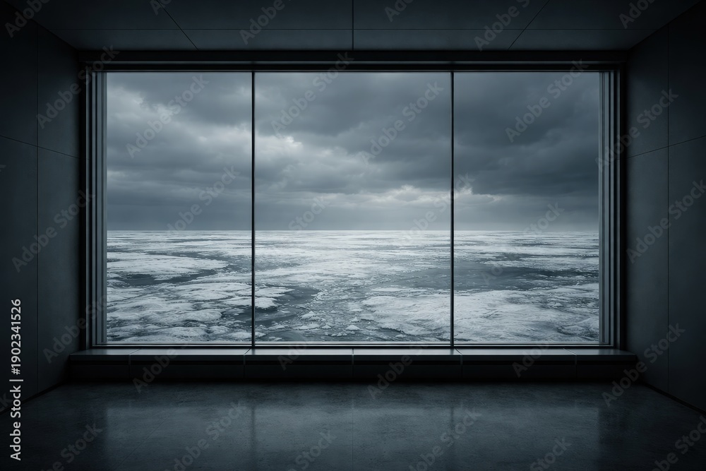 Fototapeta premium Minimalist dark interior with large window overlooking frozen arctic sea under stormy sky. Cinematic landscape concept