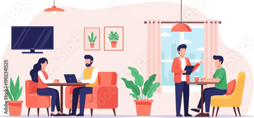 People working and relaxing in a modern, well-lit indoor space with plants