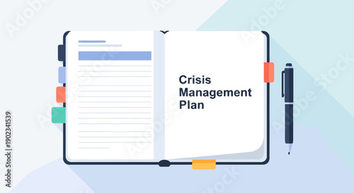 Open book with crisis management plan and pen on a light blue background