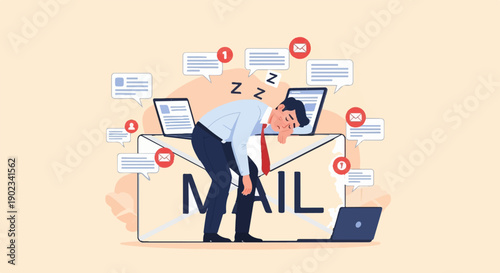 Overwhelmed businessman collapses from exhaustion amidst a barrage of digital communications