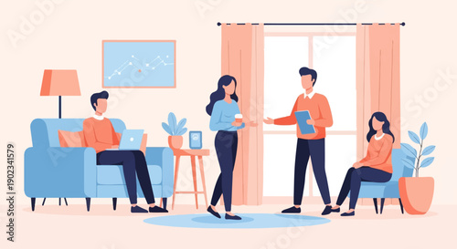 People working and relaxing in a modern interior space with plants