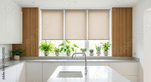 Beige roller blind on windows in stylish modern kitchen. Shutters on the plastic window.
