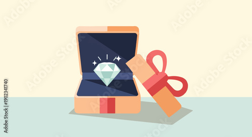 Open gift box reveals a sparkling diamond, with a wrapped present nearby