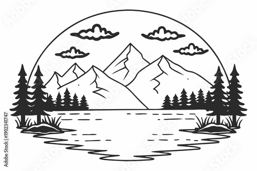 A minimalist vector graphic illustration of a serene mountain landscape with trees and a lake at sunset