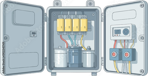 Open gray electrical junction box with fuses, capacitors, and meters