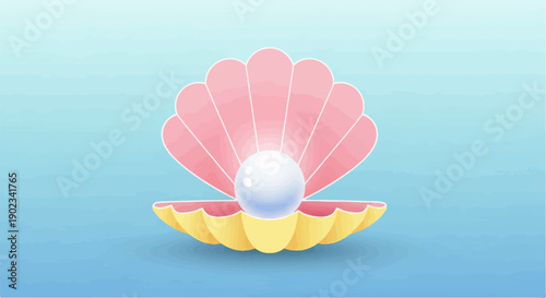 Open oyster shell revealing a glowing pearl against a soft blue background
