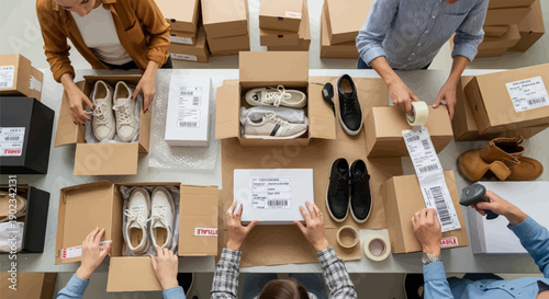 People packing shoes into boxes for shipping, overhead view