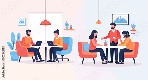 People working and conversing around tables in a modern, bright cafe setting