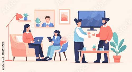 People working and interacting in a modern office or home environment