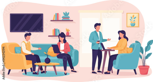 People collaborating and working in a modern, cozy room with technology and plants