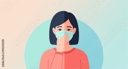 Person wearing a face mask and covering mouth with hand