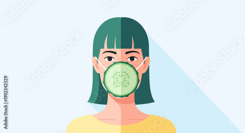 Person wearing a face mask made from a cucumber slice