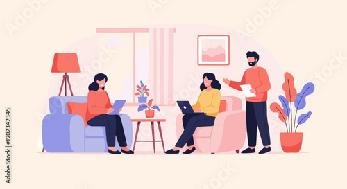 People collaborating and working on laptops in a cozy room