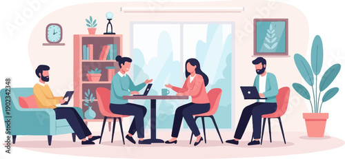 People collaborating and working on laptops in a cozy indoor setting