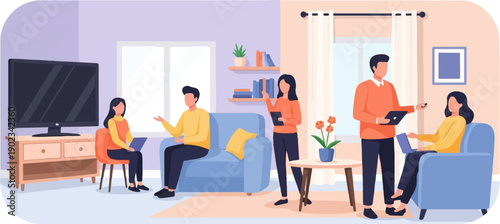 People collaborating and working on laptops in a modern living room