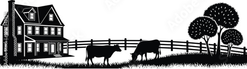 countryside, rural, house, cows, silhouette, black, white, icon, illustration, vector, design, symbol, farm, pasture, fence, trees, grass, nature, lifestyle, agriculture, landscape
