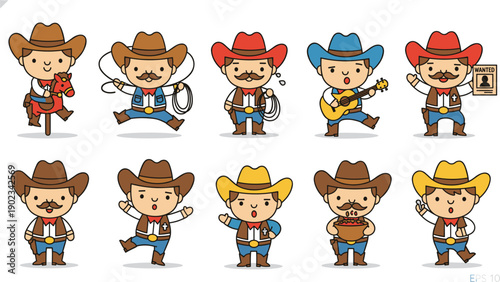 Cute Cowboy Characters Set with Guitar, Lasso and Western Outfit Cartoon Illustration