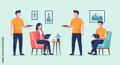 People working and being served in a contemporary indoor setting