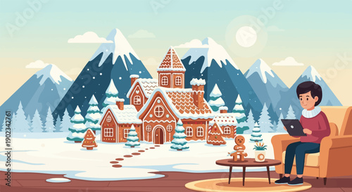 Person with tablet in cozy room, snow village outside mountains
