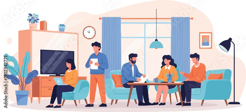 People collaborating in a modern living room with furniture and plants