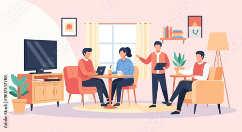 People collaborating in a modern living room with a TV