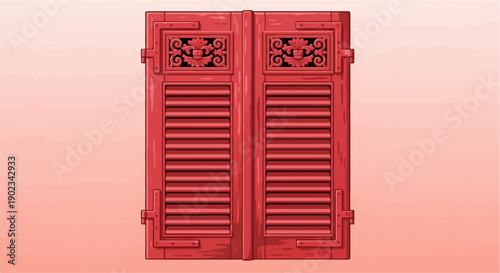 Ornate, red, louvered shutters with decorative panels