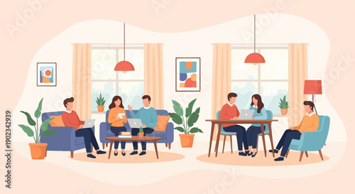 People collaborating remotely in a cozy, modern living space