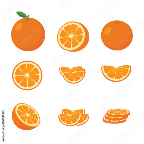 Orange Set – Whole, Half, Sliced, and Orange Segments Flat Vector Illustration