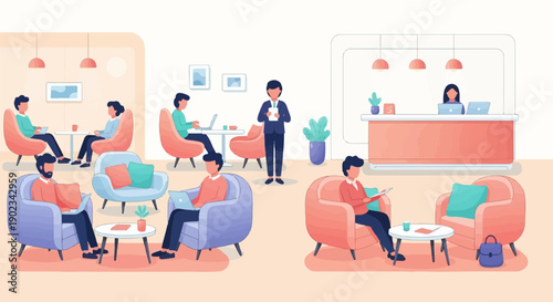 People in a modern waiting area with lounge chairs, tables, and a reception desk